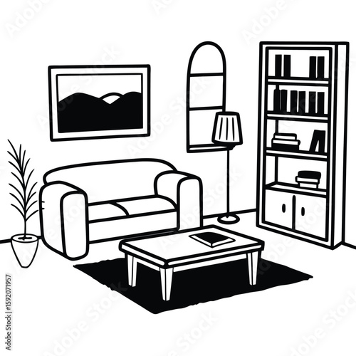 Clean modern line art illustration of a minimalist living room furniture arrangement ideal for interior design concepts and home decor
