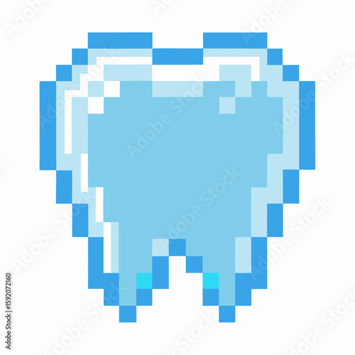 Pixel art tooth icon in blue color digital health, dental hygiene, and video game interface concept with simple geometric design