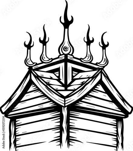 SVG skull and skeleton with bone flames and ancient temples in tattoo style. Traditional Ornate Roof Design with Elegant Peaks and Finials