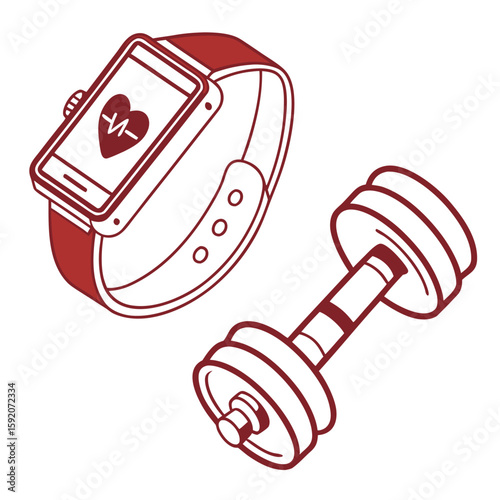 Collection of flat design icons representing fitness tracking devices and weightlifting equipment for health and wellness applications