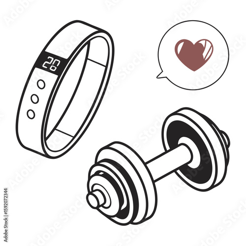 Modern flat design icons for fitness tracking including a smartwatch dumbbell and other health related equipment
