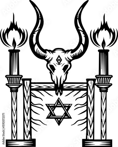 SVG skull and skeleton with bone flames and ancient temples in tattoo style. Horned Skull with Star and Candles in Gothic Illustration Style