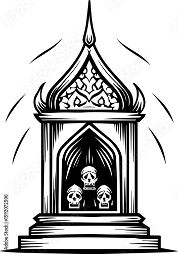 SVG skull and skeleton with bone flames and ancient temples in tattoo style. Intricate Architectural Design Featuring Skull Motif in Black and White