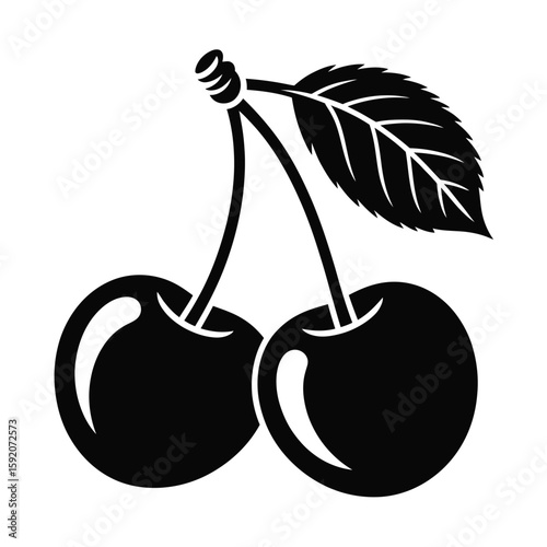 Black and white silhouette of two cherries with a leaf