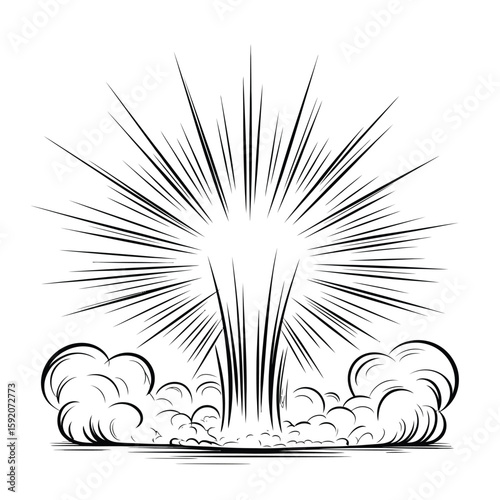 Explosion with radiating lines and smoke clouds in a comic book style