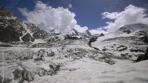 Timelapse of clouds rolling in above the glacier capped peaks of Le Mont Blanc in the French Alps