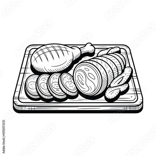 Hand drawn roasted chicken and sliced meat on a wooden cutting board