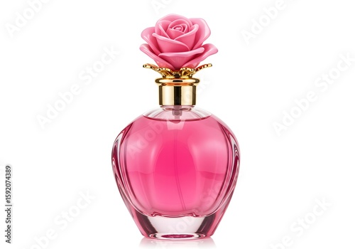 Pink Perfume Bottle with Rose Top, Floral Fragrance, Luxury Scent, Cosmetic Packaging, Beauty Product.