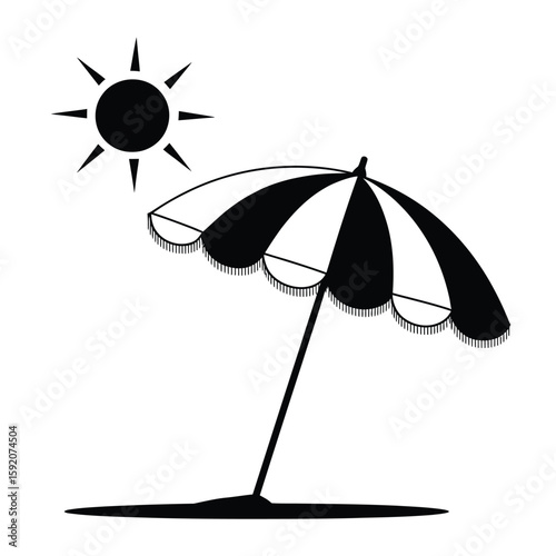 Black and white drawing of a beach umbrella and sun
