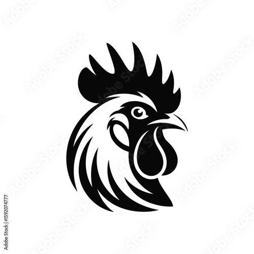 Bold black and white rooster head logo design