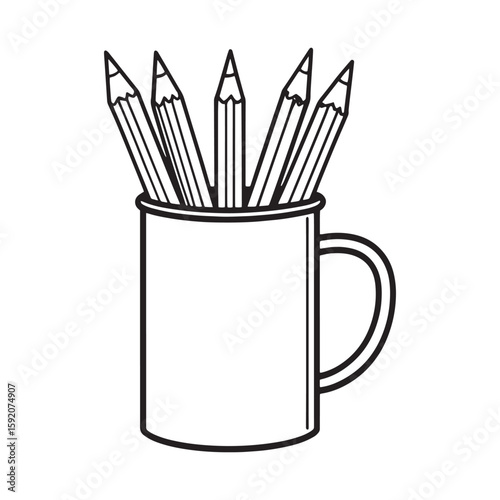 Black and White Pencil Mug Illustration – Minimalist Stationery Icon Design