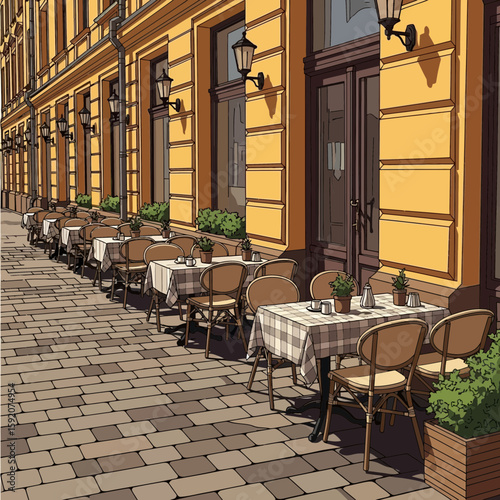 Charming cafe scene showing tables and chairs outside a building, perfect for menu designs, restaurant promotions, or creating a cozy, inviting ambiance.