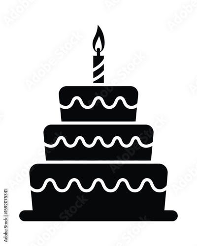 Simple black silhouette of a three tiered birthday cake with a candle