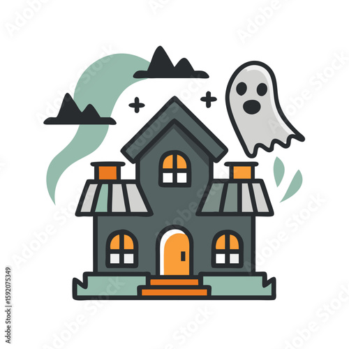 Cartoon Haunted House and Ghost Halloween Icon