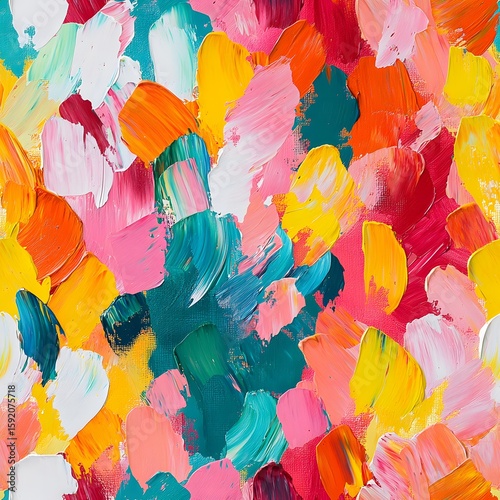 An abstract painting featuring brushstrokes of vibrant colors including pink yellow and teal hues on canvas