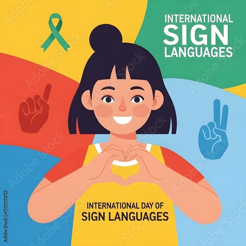 International Day of Sign Languages Illustration - Girl Showing Heart Hand Gesture in Flat Vector Style