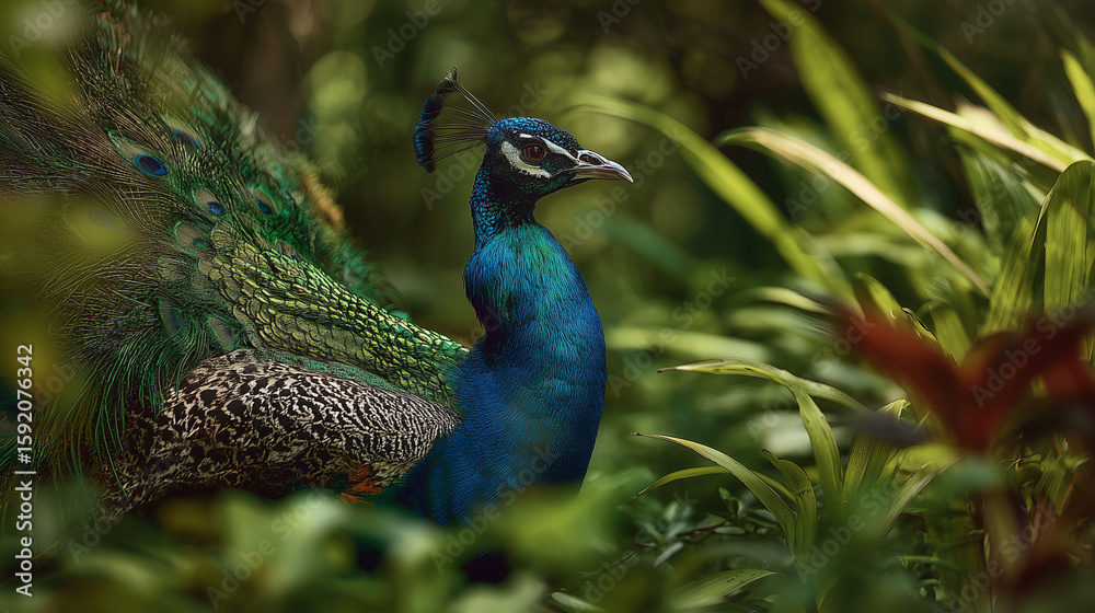 Obraz premium A vibrant peacock displaying its colorful feathers in full fan, showcasing intricate patterns and vivid blues and greens, set against a natural outdoor background.