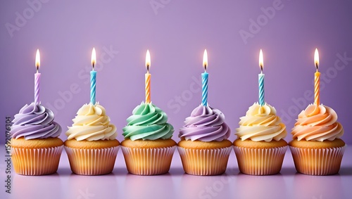 Six Colorful Cupcakes with Candles on Purple Background