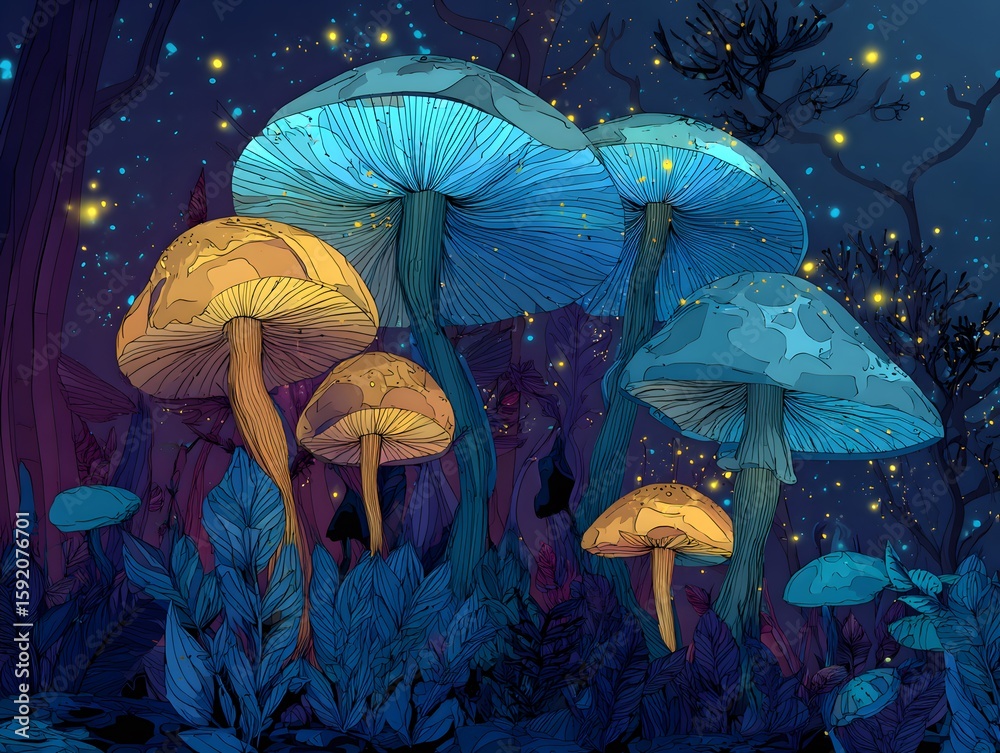 Fototapeta premium Magical Mushrooms in a Fairy Forest: Captivating close-up of enchanting, luminous mushroom and plants of an enchanted forest, exuding an ethereal and fantastical ambiance.