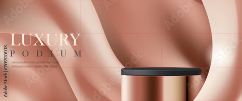 3D Luxury cosmetic podium with rose gold fabric background for advertising skincare brand, beauty ads, product display mockup, elegant website, discount promotion sale, wellness campaign. vector