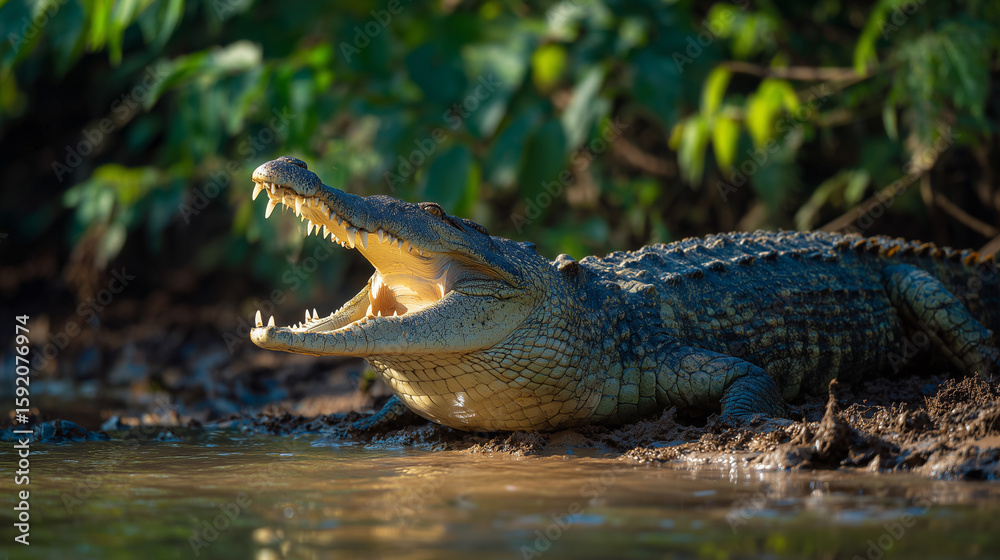 Obraz premium A crocodile resting with its mouth open on the riverbank, surrounded by natural habitat and calm water, showcasing wildlife and reptile behavior in a serene environment.