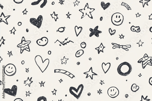 Whimsical doodle illustration with friendship-themed icons and blank branding area.
