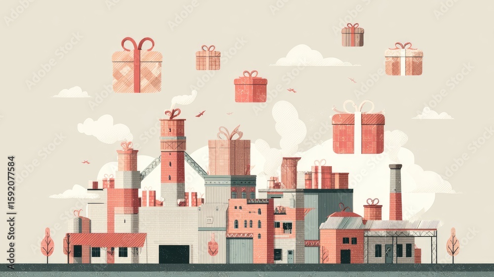 Fototapeta premium Industrial cityscape with floating gift boxes