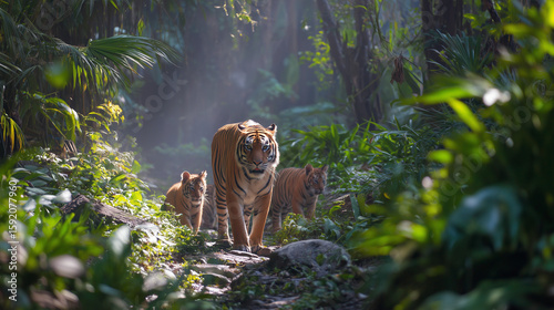 A mother tiger walks with her two cubs through a dense forest, showcasing wildlife beauty and family bond in natural habitat under soft sunlight.