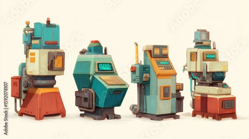 Colorful vintage machinery lineup showcasing various industrial machines in a neutral background