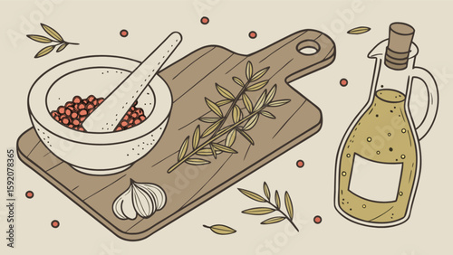 Still life kitchen herbs spices garlic olive oil mortar pestle cutting board cooking food illustration art