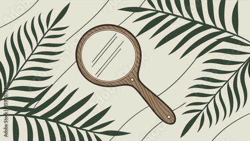 Botanical magnifying glass illustration for nature research and exploration with tropical leaf background