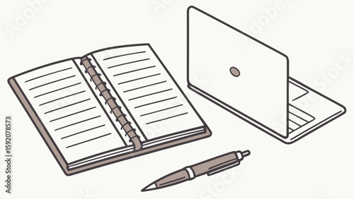 Laptop notebook and pen for study or work digital learning and note taking creative workspace concept