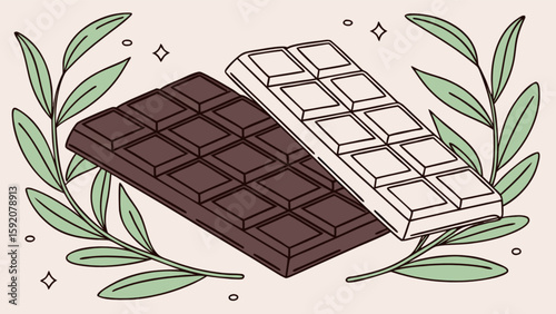 Delicious dark and white chocolate bars with botanical leaves for dessert and sweet treat cravings now