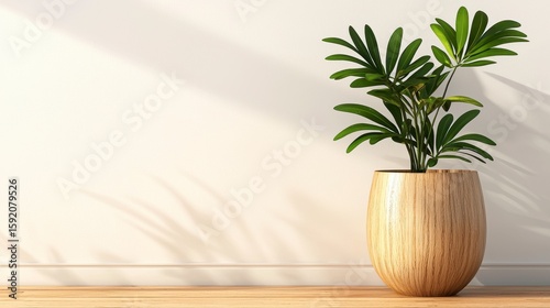 Lush Green Potted Plant in Beige Pot on Light Wood Floor Against White Wall with Sunlight Shadows