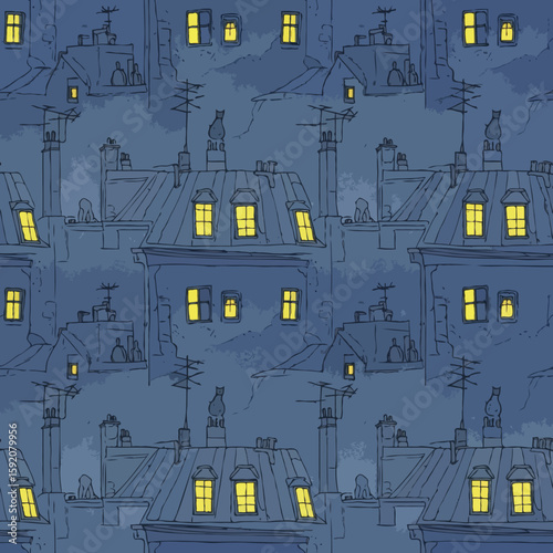 Seamless pattern of rooftops at night with cats and antennas