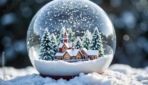 Snow globe depicting winter village scene with falling snowflakes  