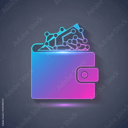 A gradient wallet graphic connected to a network of nodes, suitable for financial technology, cryptocurrencies, or modern digital transactions.