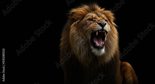 Dramatic portrait of a roaring male lion against a stark black background showcasing its power and