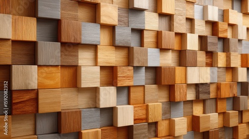 Resilience Diversification concept. A 3D wooden wall panel featuring variously sized cubes in natural, brown, and grey tones creating a textured geometric pattern.