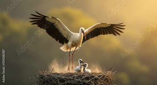 Stork family portrait with outstretched wings at golden hour in their nest creating a serene