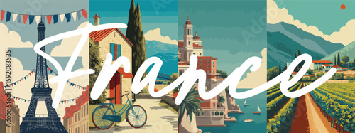 France vintage style travel poster set. Collection of scenic art deco retro tourism illustrations