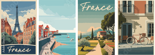 France vintage style travel poster set. Collection of scenic art deco retro tourism illustrations