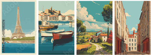 France vintage style travel poster set. Collection of scenic art deco retro tourism illustrations