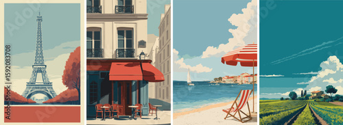 France vintage style travel poster set. Collection of scenic art deco retro tourism illustrations