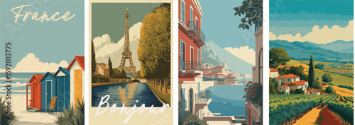 France vintage style travel poster set. Collection of scenic art deco retro tourism illustrations
