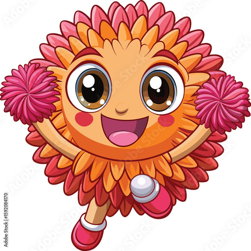 Kawaii pom-poms jumping with big eyes and joy, cartoon cheerleading gear vector on white background