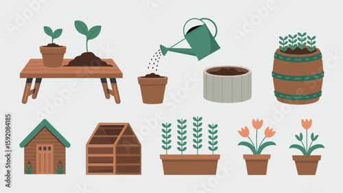 Garden Growth An illustration of seeds, pots, and watering in the garden, depicting the joys of cultivation. 