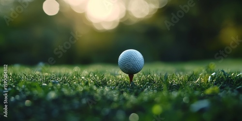 A white golf ball on a green in front of a sunset.
