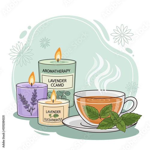Relaxing aromatherapy graphic showing candles and a cup of tea, ideal for spa promotions or wellness materials with a soothing aesthetic.