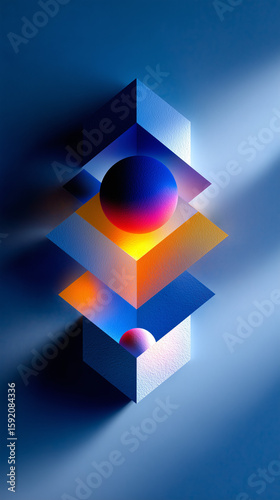 Geometric abstract 3D art with spheres and layered cubes